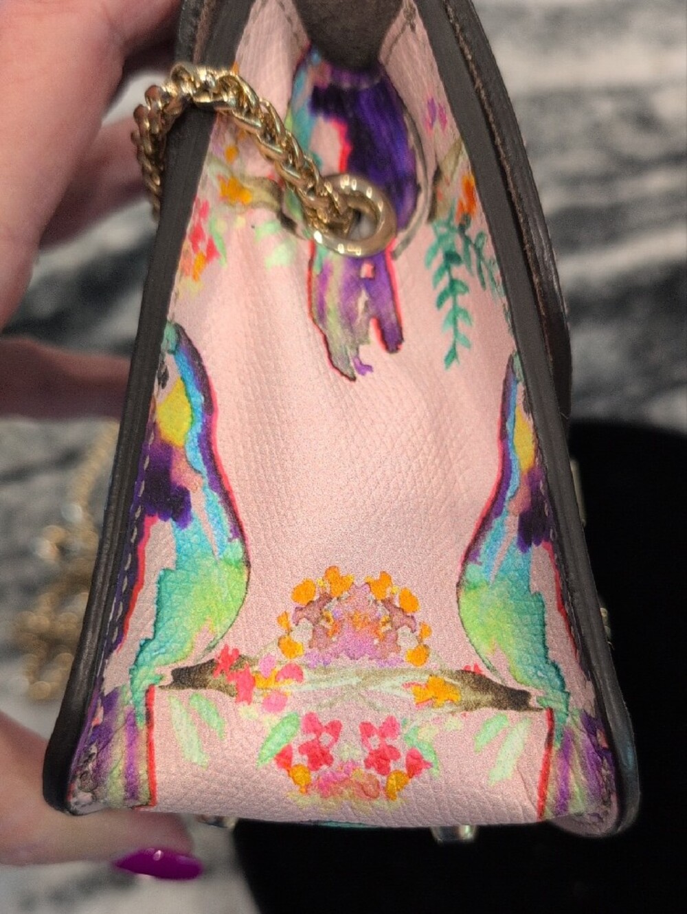 Furla Pink Watercolor Bird Mini Crossbody with Gold Chain - Picture 10 of 11